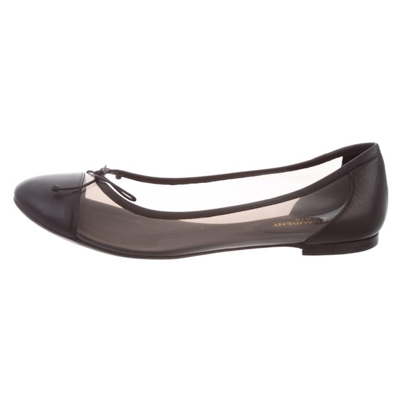 Saint Laurent Round Toe Black Leather Trimmed Flats Work Career Casual Shoes 8.5